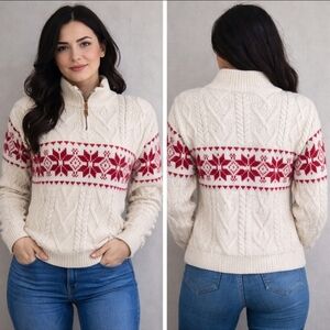 Aran Sweater Market Ireland Merino Wool Zip Fair Isle S White Red